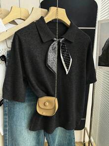 SHEIN Franclia 新款春夏休闲简约圆领无袖上衣，采用佩斯利印花、波点拼接，展现法式优雅风格，短款廓形，比例优化，可搭配连衣裙或裤装，宽松版型，罗纹饰边撞色领口系带设计针织衫 - 黑色 - 查看 7