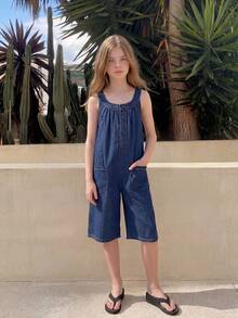 Dazy Kids Bộ áo liền quần denim xếp ly có túi, kiểu dáng thường ngày, dành cho bé gái tuổi teen, thích hợp mặc mùa hè. - Màu xanh lam - Xem 6