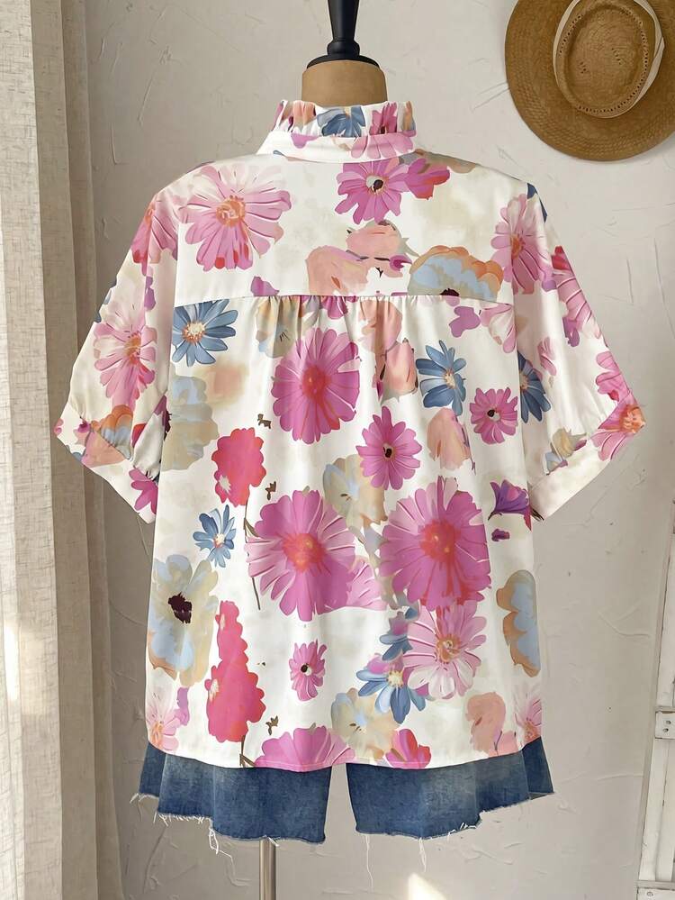 Plus Size Women's Spring Casual Frill Trim Red Plaid Loose Blouse