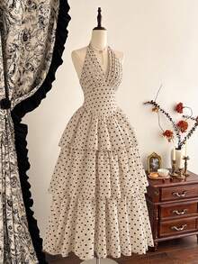 Vestido de mujer elegante y clásico vintage, vestido de lunares con cuello de halter ajustado y lazo para primavera/verano - Caqui - Ver 7