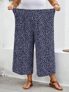 SHEIN CURVE+ Große Größen US22 Musikfestival, Strandurlaub, Boho Ditsy Blumen Weite Bein Lässig Palazzo Hose - marineblau - Übersicht 5