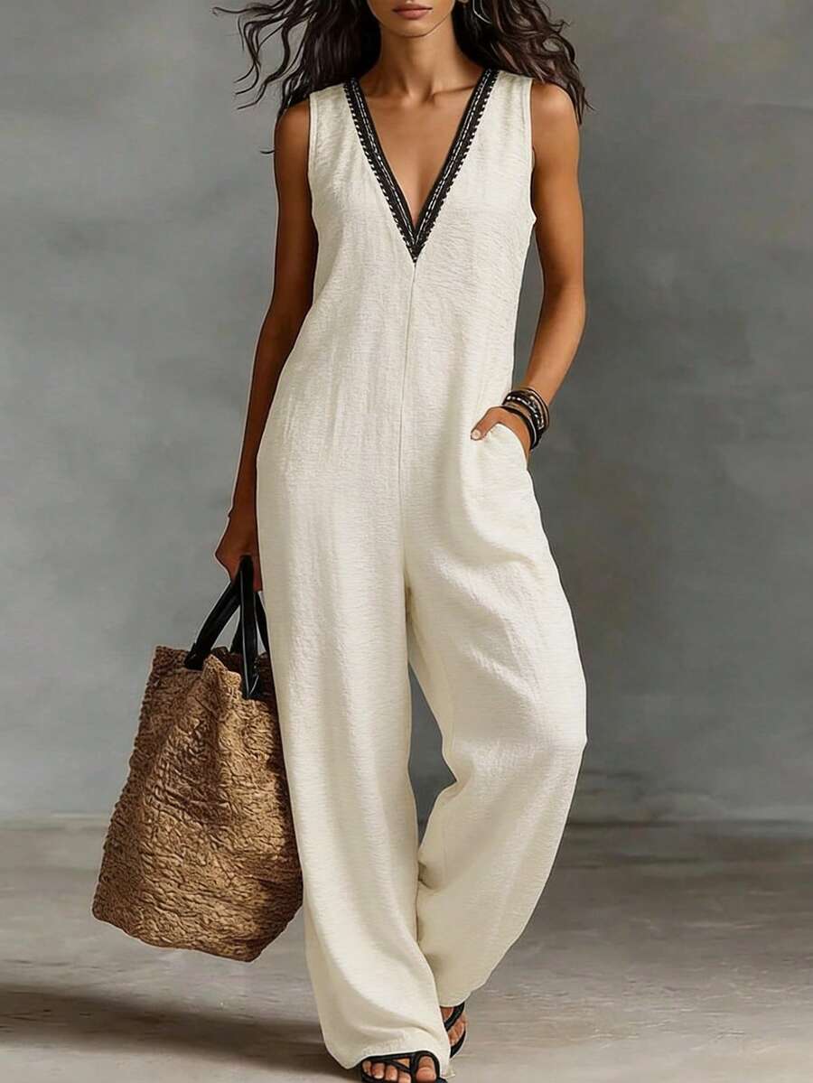 SHEIN Holidaya Bộ áo liền quần không tay cổ chữ V dành cho nữ, kiểu dáng thường ngày, thích hợp cho mùa hè. - Màu be - Xem 1