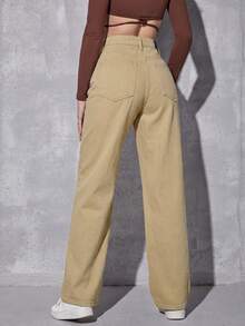 SHEIN EZwear 纯色斜插口袋休闲直筒牛仔裤 - 駝色 - 查看 2