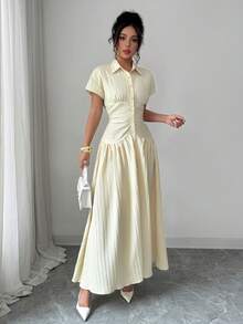 Modelyn Vestido largo con cuello, plisado y a rayas, de diseño francés para mujeres - Amarillo claro - Ver 5
