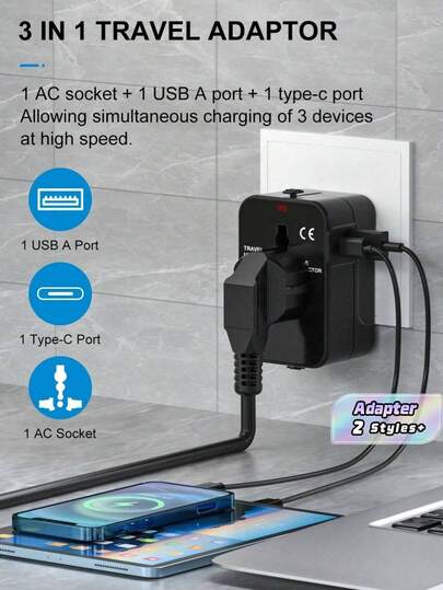 Universal Travel Adapter Worldwide Charger 100W Fast Charging PD USB C Multi Country Plug Converter Compact Design Power Adapter For Laptop Phone Cruise Ship Approved Business Trip Essential Surge Protection
