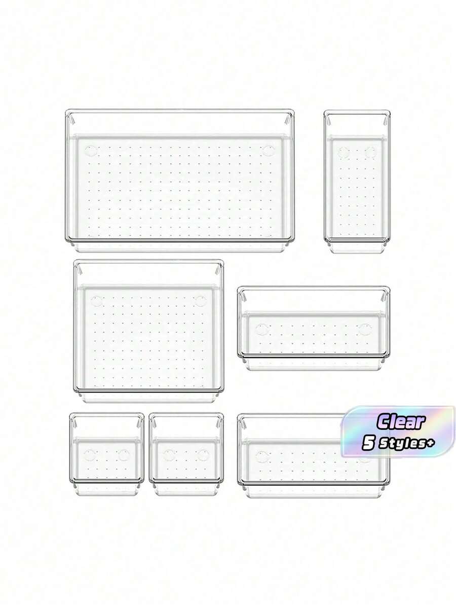 7 Buah/Set Kotak Organizer Laci Plastik Transparan, Serbaguna, Termasuk 4 Ukuran Kotak Pembatas Laci Meja untuk Makeup, Perhiasan, Dapur, Kamar Tidur, Kamar Mandi, Penyimpanan Kantor, Dekorasi Ruangan, Dekorasi Rumah, Dekorasi Musim Gugur, Dekorasi Kamar Tidur, Dekorasi Liburan, Dekorasi Keren - Clear - View 1