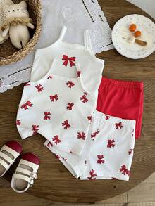 SHEIN 4件套/女婴休闲可爱夏季套装：白色粉色蝴蝶结印花背心，搭配短裤 – 四件套 - 紅色 - 查看 2