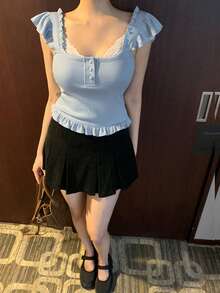DAZY 女士撞色蕾丝修身短款荷叶边休闲度假夏季上衣可爱上衣 - 藍色 - 查看 5