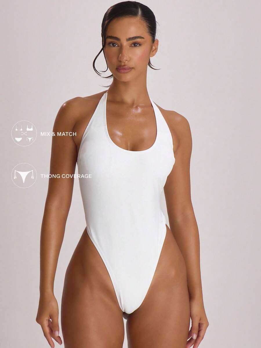 Musera Resort Halterneck High Leg Thong Swimsuit Bathing Suits Swim Vacation Holiday Summer Travel Beachwear Basics Hen Do Wedding Bridal Bachelorette Resort Core - White - View 1