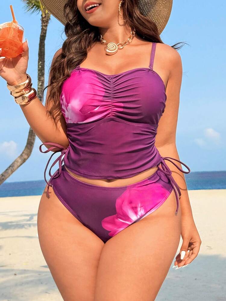 SHEIN Swim Vcay Bộ bikini 2 mảnh cỡ lớn mùa xuân/hè 2026 mới, họa tiết hoa tím, áo quây có dây đeo rời và quần tam giác, thích hợp cho đi biển, hẹn hò, lễ hội âm nhạc, tiệc bãi biển. - Nhiều màu - Xem 7