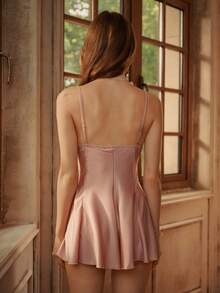 Bisouelle Váy ngủ satin cài nút phía trước viền ren sang trọng - Màu Hồng baby - Xem 2