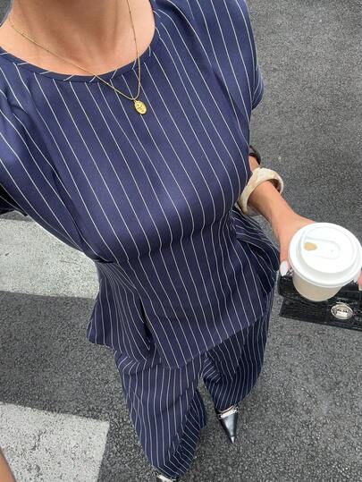 Siren Gaze 2pcs Women Summer Casual Striped Waist Tie Batwing Sleeve Top And Pants Set
