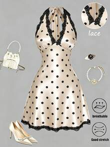 Qadelle Vestido corto de mujer con espalda anudada y encaje, diseño de lunares, informal, sexy y lindo, perfecto para viajes, citas, vacaciones, banquetes y fiestas - Albaricoque - Ver 4