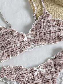 Swim Mod Women's Summer Beach Vacation Style Printed Ruffle Trim Shirred Two-Piece Bikini Set - Brown - View 5