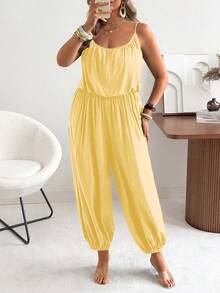 Mono de pierna ancha plisado elegante y casual de unicolor para tallas grandes - Amarillo - Ver 7