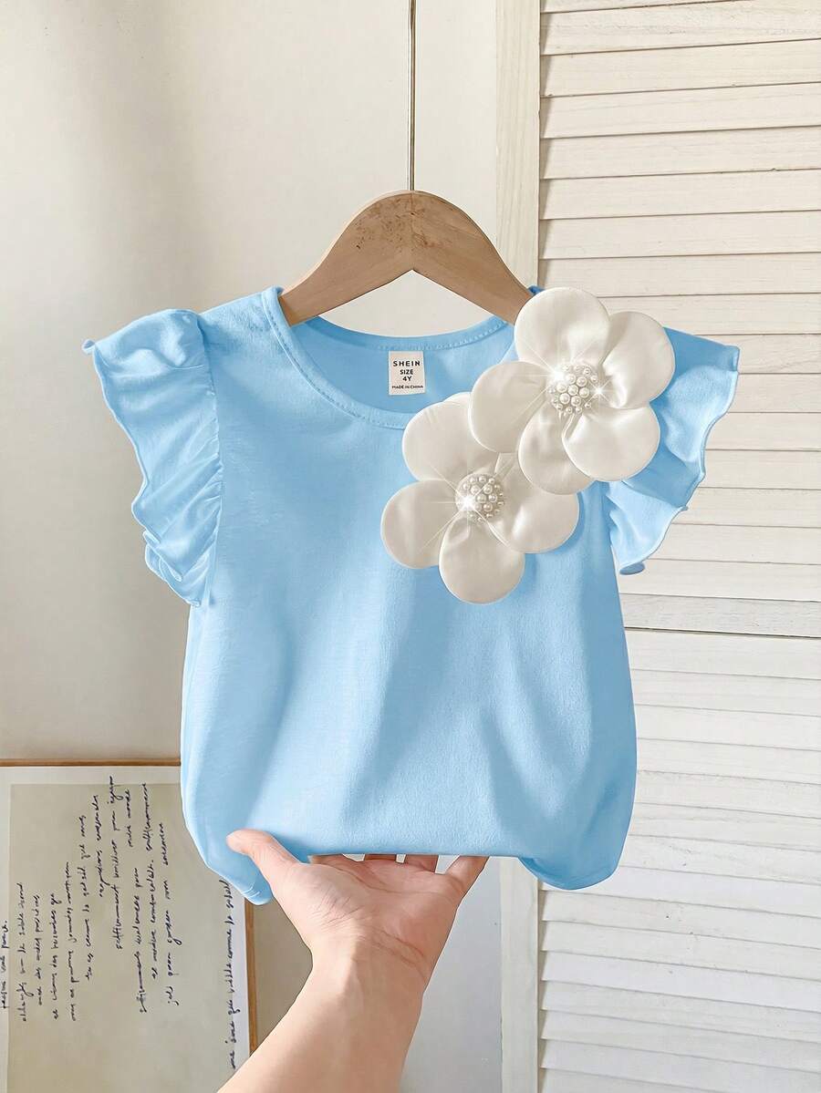 SHEIN Camiseta casual con cuello redondo, aplicación de color contrastante y volantes para niña - Celeste - Ver 1