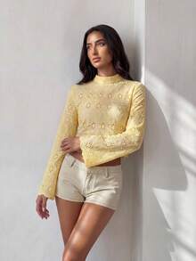 SHEIN Camisa casual versátil de uso diario con cuello alto y bordado para mujer - Amarillo - Ver 4
