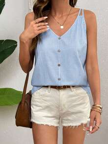 Balvessa 女士夏季度假款 100% 纯棉条纹吊带背心 - 藍白色 - 查看 7