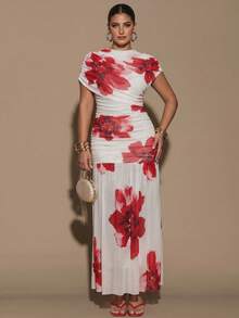 SHEIN BAE Plus Size Women's White Background Red Flower Dress,Women's Plus Size  Mermaid Maxi Dress Elegant Stand Collar Bodycon Ruched Sleeveless Evening Gown,Floral Print, Wrap Dress, Extra-Long Dress For Dates - Multicolor - View 2