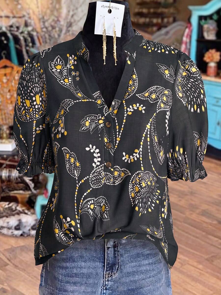 Linhara Blus Wanita Ukuran Besar Motif Bunga Leher V Lengan Mengembang, Hitam dan Putih, Musim Panas, Boho, Elegan, Formal, Kerja, Atasan Retro Dekorasi Kancing Bertekstur Mirip Linen - MultiWarna - View 1