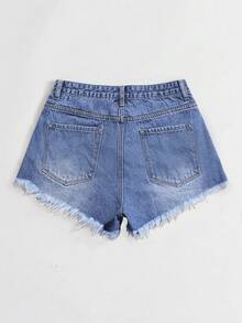 SHEIN EZwear 女士口袋破洞毛边牛仔短裤 - 深色水洗藍 - 查看 3
