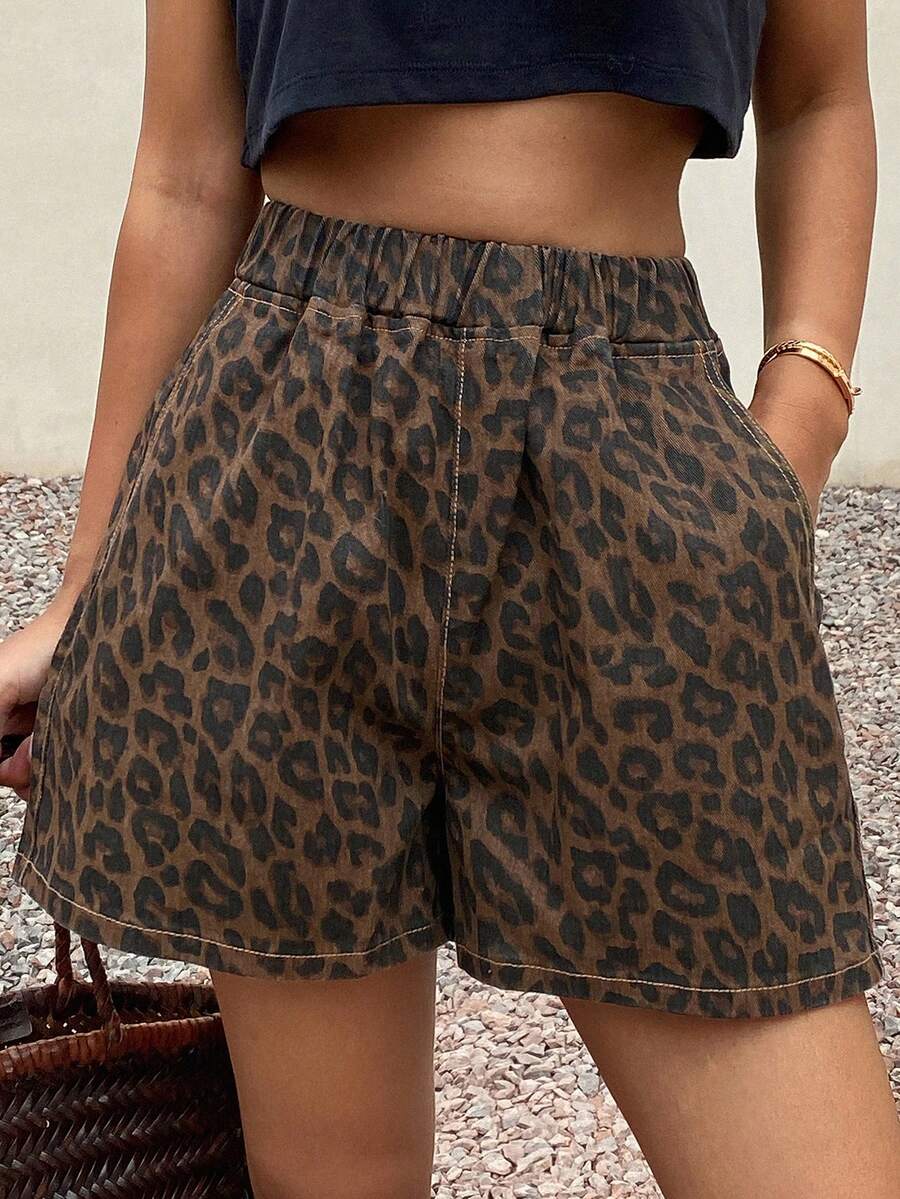 Livesso Quần short denim nữ mùa hè họa tiết da báo, cạp chun. - màu nâu - Xem 1