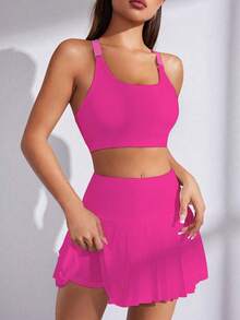 EMERY ROSE 2pcs Women Plain Minimalist Casual & Sports Set Workout Women Set Women Workout Set Gym Women Outfit - Hot Pink - View 6