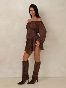SHEIN ICON Women's Solid Color Off Shoulder Long Sleeve Front Tie Ruffle Hem Mini Dress Dinner Date Coffee Brown Autumn Elegant - Brown - View 4