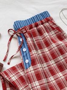 Comfortcana Plaid Belted Loose Wide Leg Pants For Women Red And White Plaid Checkered Summer Casual Preppy Day Lounge Back-To-School - Red - View 7