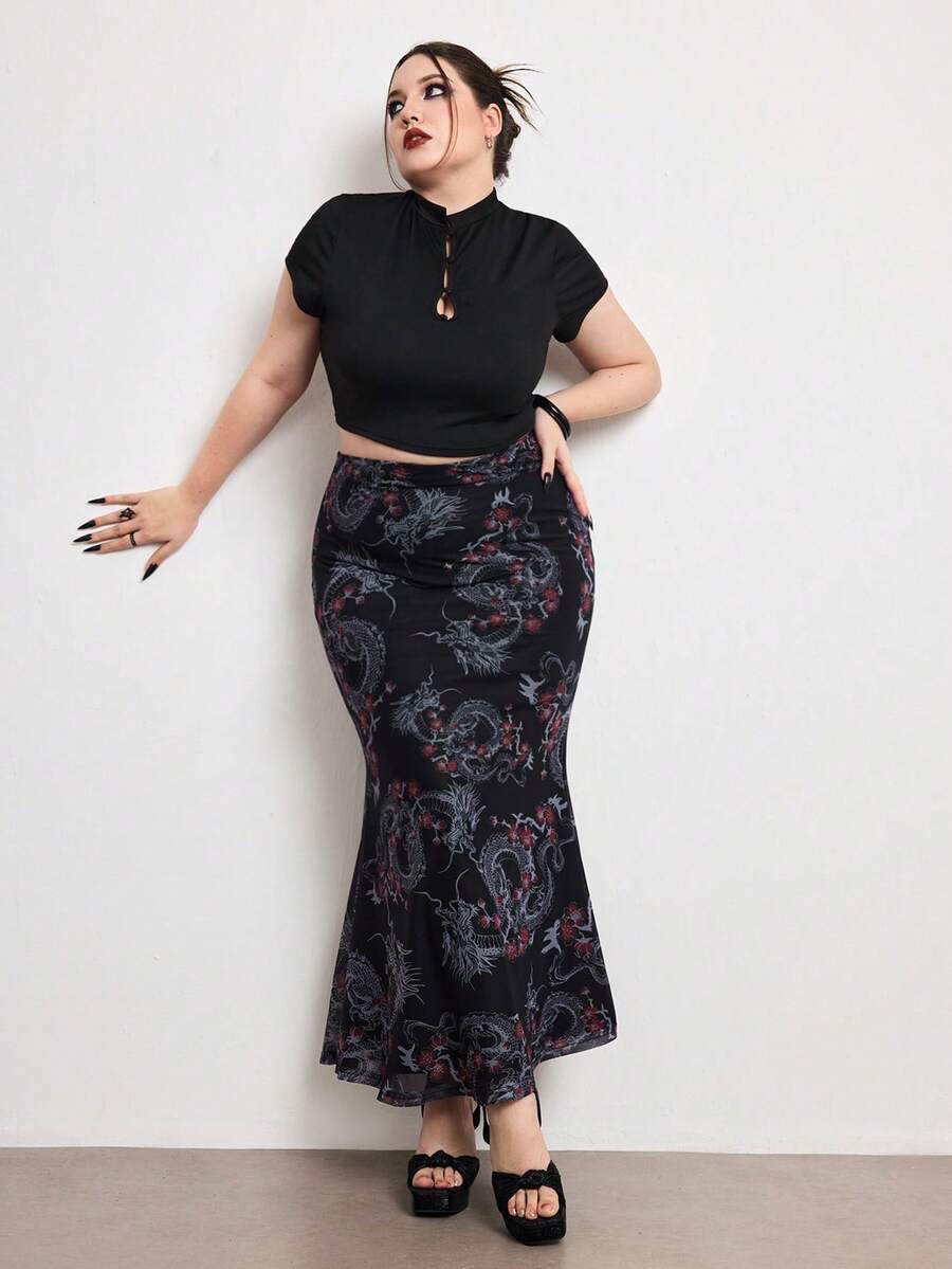 ROMWE Avant Summer Outfits Oriental Aesthetic New Chinese Style Dragon Pattern Print Mesh Bodycon Mermaid Skirt, Plus Size - Black - View 1
