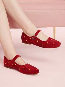 CUCCOO DOLLMOD Women's Shoes, Red Suede Square Toe Flats, Love-Embroidered Retro Mary Jane Shoes - Red - View 3