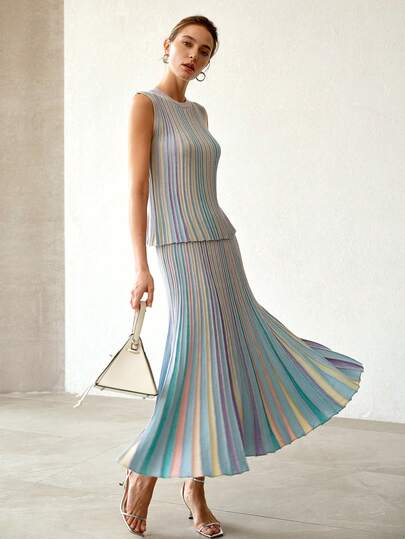 MOTF PREMIUM WOMEN'S ELEGANT VACATION STYLE COLORBLOCK RAINBOW OMBRE PLEATED SWEATER SKIRT