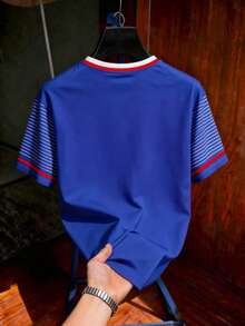 Aesthetic Post 波多黎各國旗印花棒球球衣風 T-shirt，藍色夏季街頭風度假復古學院條紋袖寬鬆男士上衣，足球風 - 彩色 - 查看 2