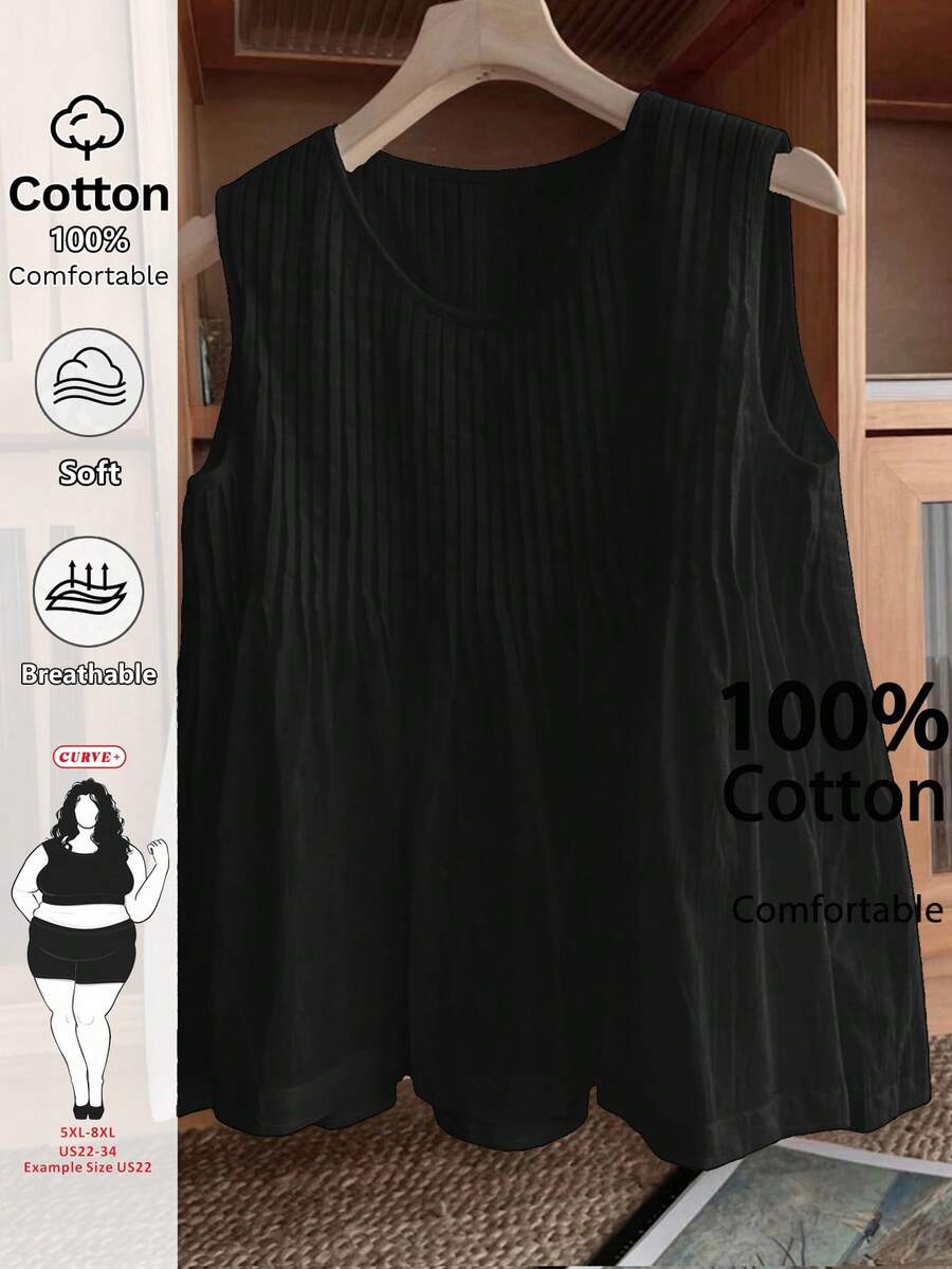 SHEIN CURVE+ 大码女式休闲褶皱无袖白色纯棉上衣 - 黑色 - 查看 1