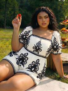 SHEIN CURVE+ Curve 尺码 US22 音乐节、海滨度假、波西米亚风女士复古蓝白碎花方领泡泡袖腰带阔腿连体裤，假日蓝白碎花连体裤 - 黑與白 - 查看 6