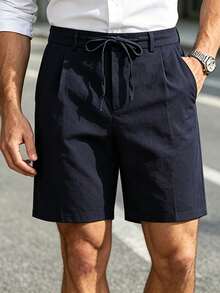 Manfinity Bizformal Quần short công sở nam dáng rộng có dây rút, thích hợp cho mùa xuân/hè. - Màu xanh hải quân - Xem 3