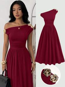 SHEIN Đầm midi xếp ly thanh lịch dành cho bé gái và thiếu niên, kiểu dáng ôm sát, cổ lệch vai, khóa kim loại trang trí, màu đỏ tía. - Màu Đỏ Sâu - Xem 8