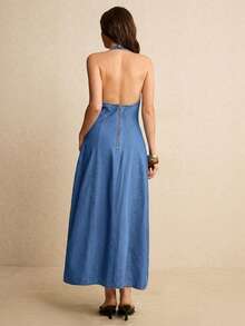 Poéselle Women's V-Neck Backless Denim Dress Vacation Light Blue Autumn Casual - Medium Wash - View 2