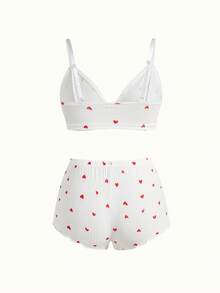 Bonmuse 3pcs/Set Women Solid Heart Print Ruffle Trim Lingerie Bra And Elastic Waist Shorts Pajama Set Two Pieces Set Women 2 Pieces Set, Kawaii - Multicolor - View 6