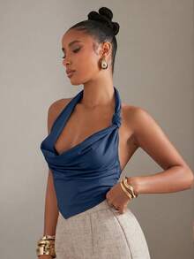 Hauture Women's Solid Color Draped Neck Casual Versatile Daily Wear Top - Royal Blue - View 5