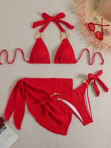 SHEIN Swim Chicsea 女士三件套泳衣，纹理面料，红色花卉图案，金属点缀，休闲沙滩泳池派对度假装，春夏款 - 紅色 - 查看 3