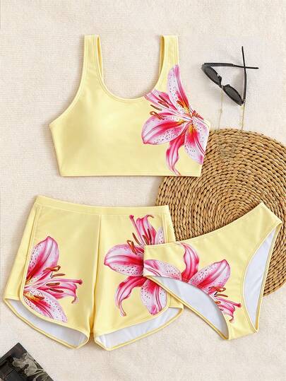 SHEIN Bộ bikini hai mảnh in kỹ thuật số họa tiết hoa ly vàng dễ thương, kín đáo dành cho thiếu nữ, gồm áo và quần tam giác hoặc quần short, kiểu dáng thời trang, thanh lịch, phù hợp cho bơi lội, kỳ nghỉ hè, bãi biển, hồ bơi và các bữa tiệc.