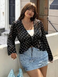 GalTyme Plus Size Women's Black Sheer Tie Front Bow Design Casual Ruffle Trim Shirt - Black and White - View 5