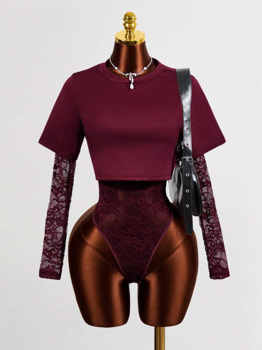 BamGleam Women's Long Sleeve Lace Bodysuit,Burgundy,Autumn,Seksi Chic,Night Club Summer Beach Vacation Outfits,Holiday Dresses Clothes For Women - Burgundy - View 1