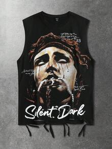 ROMWE MEN Street Life Camiseta de tirantes con cuello redondo y gráfico de retrato de calle para hombre, con efecto desgastado - Negro - Ver 7