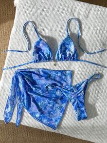 Costavie Women's Random Print Halter Metal Decor Mini Skirt 3-Piece Bikini Set, Spring/Summer - Multicolor - View 3