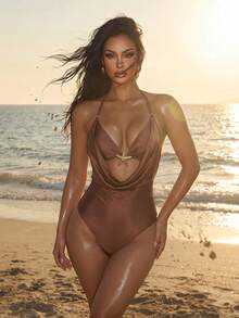 Swim SXY 1pc Women's One-Piece Swimsuit,Coffee Brown Summer Elegant Beach Holiday, Plunging Neckline Open Back Starfish Decor Tummy Control Shiny Swimwear - Brown - View 1
