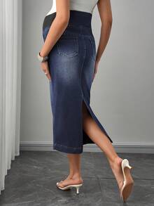 SHEIN Maternity Navy Blue Summer Casual Everyday Women's Four-Way Stretch Denim Skirt,Long Pencil Midi Jean Skirts For Pregnant Women With Pockets - Dark Wash - View 2