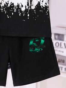青少年男童夏季休闲时尚街头渐变泼墨数码印花短袖T恤和短裤套装 - 彩色 - 查看 6
