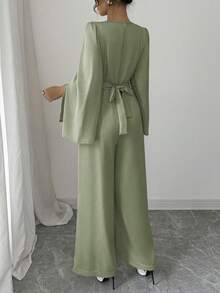 Elenzga Women's Elegant Draped Neck Waist Cinched Satin Jumpsuit - Green - View 2